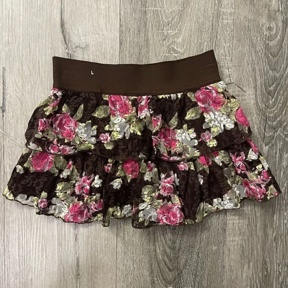 Justice Girl’s Brown Pink Floral Lace Pull-On Tiered Skater Skort Size 6
